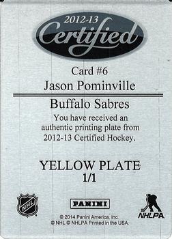 2013-14 Panini National Treasures - 2012-13 Panini Certified Fabric of the Game Printing Plates Yellow #6 Jason Pominville Back