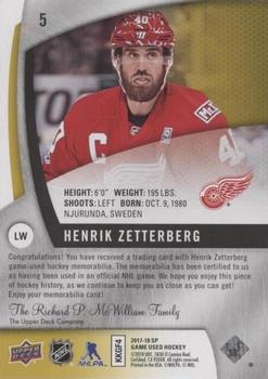 2017-18 SP Game Used - Gold Jerseys #5 Henrik Zetterberg Back