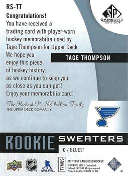 2017-18 SP Game Used - Rookie Sweaters Jersey Relics #RS-TT Tage Thompson Back