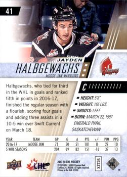 2017-18 Upper Deck CHL #41 Jayden Halbgewachs Back