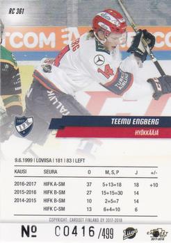 2017-18 Cardset Finland - Rookies (Series Two) #RC 361 Teemu Engberg Back