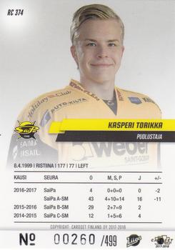 2017-18 Cardset Finland - Rookies (Series Two) #RC 374 Kasperi Torikka Back