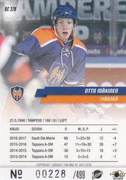 2017-18 Cardset Finland - Rookies (Series Two) #RC 378 Otto Mäkinen Back