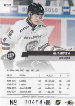 2017-18 Cardset Finland - Rookies (Series Two) #RC 379 Olli Juolevi Back