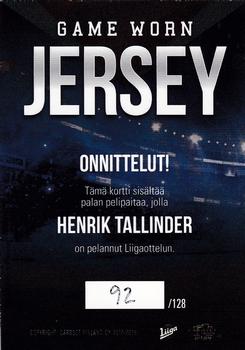 2017-18 Cardset Finland - Game Worn Jersey Exchange (Series Two) #NNO Henrik Tallinder Back
