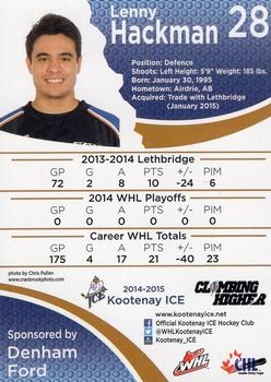 2014-15 Kootenay Ice (WHL) #NNO Lenny Hackman Back