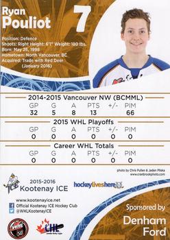 2015-16 Kootenay Ice (WHL) #NNO Ryan Pouliot Back
