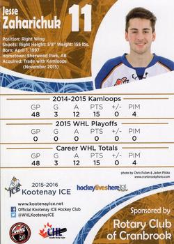 2015-16 Kootenay Ice (WHL) #NNO Jesse Zaharichuk Back