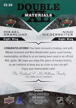 2017-18 SPx - Double XL Duos Materials #XD-GN Mikael Granlund / Nino Niederreiter Back