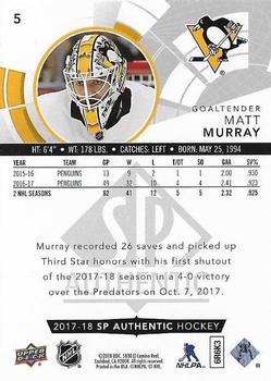 2017-18 SP Authentic #5 Matt Murray Back