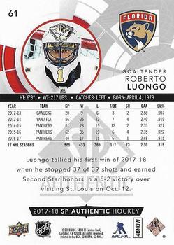 2017-18 SP Authentic #61 Roberto Luongo Back