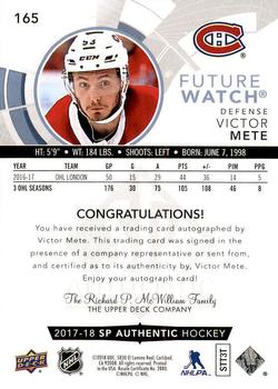 2017-18 SP Authentic #165 Victor Mete Back