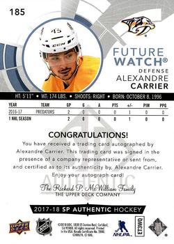 2017-18 SP Authentic #185 Alexandre Carrier Back
