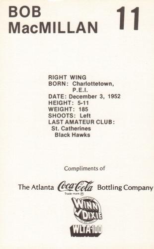 1978-79 Coca-Cola Atlanta Flames Postcards #NNO Bob MacMillan Back