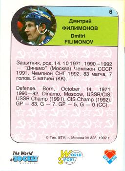 1992 Red Ace Russian Hockey Stars #6 Dmitri Filimonov Back