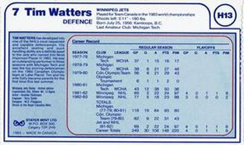 1983 Winnipeg Jets Dollars #H13 Tim Watters Back