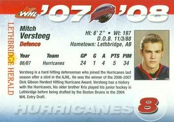 2007-08 Lethbridge Herald Lethbridge Hurricanes (WHL) #19 Mitch Versteeg Back