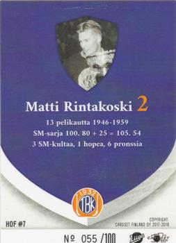 2017-18 Tappara Tampere (FIN) Hall of Fame #HOF7 Matti Rintakoski Back