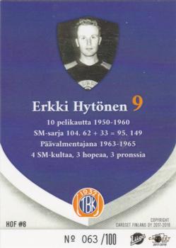 2017-18 Tappara Tampere (FIN) Hall of Fame #HOF8 Erkki Hytönen Back