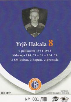 2017-18 Tappara Tampere (FIN) Hall of Fame #HOF12 Yrjö Hakala Back
