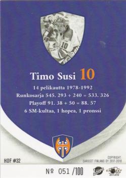 2017-18 Tappara Tampere (FIN) Hall of Fame #HOF32 Timo Susi Back