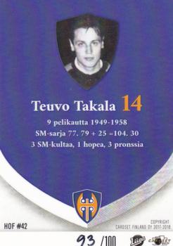 2017-18 Tappara Tampere (FIN) Hall of Fame #HOF42 Teuvo Takala Back