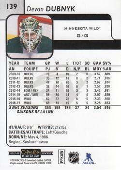 2017-18 O-Pee-Chee Platinum #139 Devan Dubnyk Back