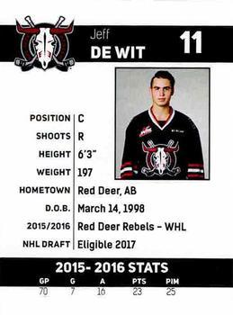 2016-17 Red Deer Rebels (WHL) #NNO Jeff De Wit Back