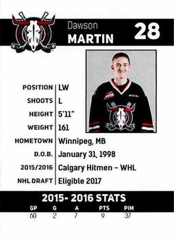 2016-17 Red Deer Rebels (WHL) #NNO Dawson Martin Back