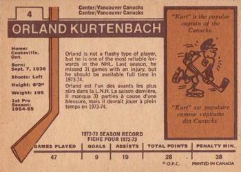 1973-74 O-Pee-Chee - Light Backs #4 Orland Kurtenbach Back