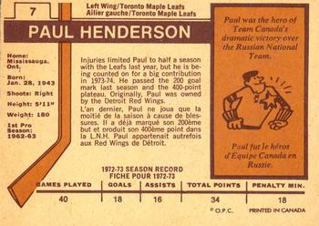 1973-74 O-Pee-Chee - Light Backs #7 Paul Henderson Back