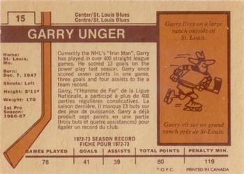 1973-74 O-Pee-Chee - Light Backs #15 Garry Unger Back
