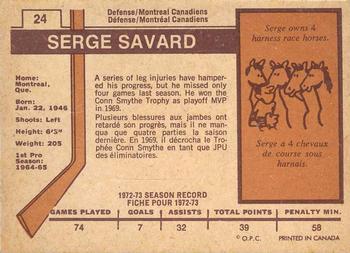 1973-74 O-Pee-Chee - Light Backs #24 Serge Savard Back