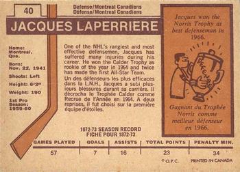 1973-74 O-Pee-Chee - Light Backs #40 Jacques Laperriere Back