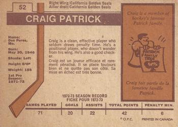1973-74 O-Pee-Chee - Light Backs #52 Craig Patrick Back