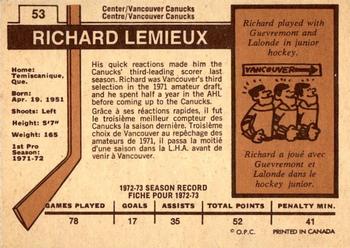 1973-74 O-Pee-Chee - Light Backs #53 Richard Lemieux Back