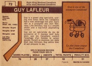 1973-74 O-Pee-Chee - Light Backs #72 Guy Lafleur Back