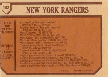 1973-74 O-Pee-Chee - Light Backs #102 Rangers Team Back