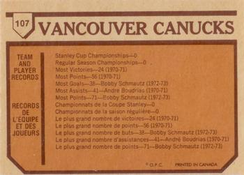 1973-74 O-Pee-Chee - Light Backs #107 Canucks Team Back