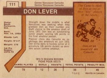 1973-74 O-Pee-Chee - Light Backs #111 Don Lever Back