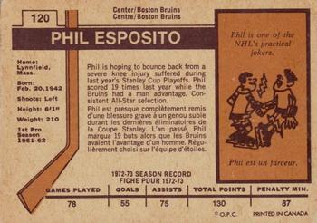 1973-74 O-Pee-Chee - Light Backs #120 Phil Esposito Back