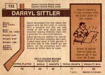 1973-74 O-Pee-Chee - Light Backs #132 Darryl Sittler Back