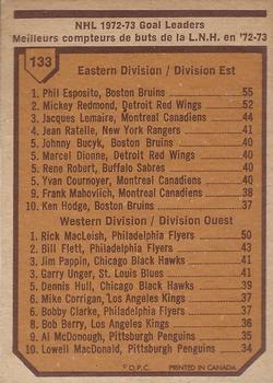 1973-74 O-Pee-Chee - Light Backs #133 1972-73 Goal Leaders (Phil Esposito / Rick MacLeish) Back