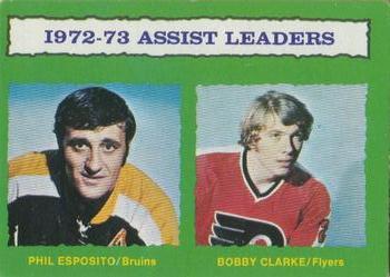 1973-74 O-Pee-Chee - Light Backs #134 1972-73 Assist Leaders (Phil Esposito / Bobby Clarke) Front