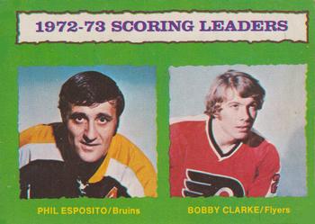 1973-74 O-Pee-Chee - Light Backs #135 1972-73 Scoring Leaders (Phil Esposito / Bobby Clarke) Front