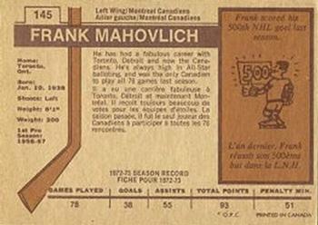 1973-74 O-Pee-Chee - Light Backs #145 Frank Mahovlich Back