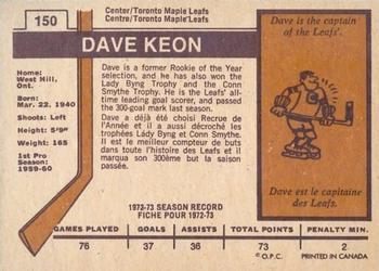 1973-74 O-Pee-Chee - Light Backs #150 Dave Keon Back