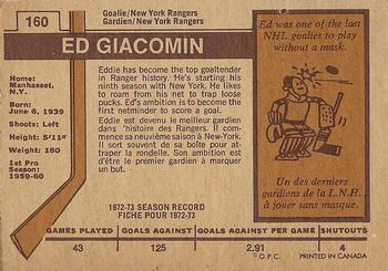 1973-74 O-Pee-Chee - Light Backs #160 Ed Giacomin Back