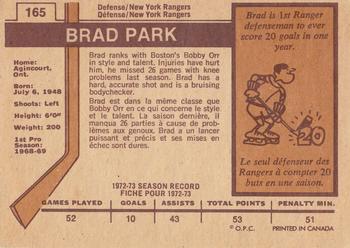 1973-74 O-Pee-Chee - Light Backs #165 Brad Park Back