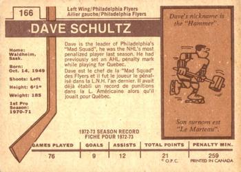 1973-74 O-Pee-Chee - Light Backs #166 Dave Schultz Back